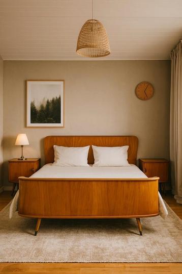 Vintage Scandinavische 50/60 slaapkamer — bed + 2 nachtkastj beschikbaar voor biedingen