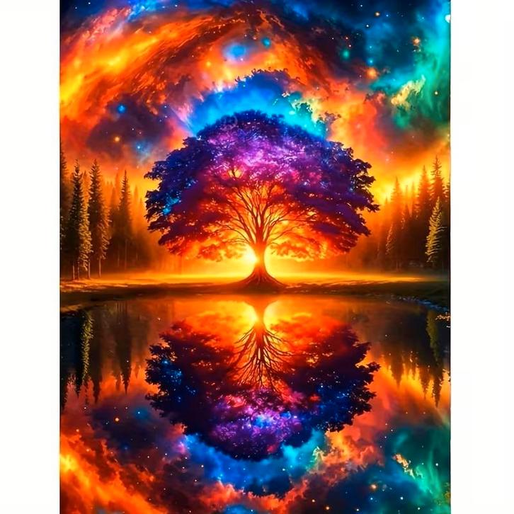 Diamond Painting kleurrijke boom 50x40cm (rond), Hobby en Vrije tijd, Schilderen, Nieuw, Overige typen, Verzenden