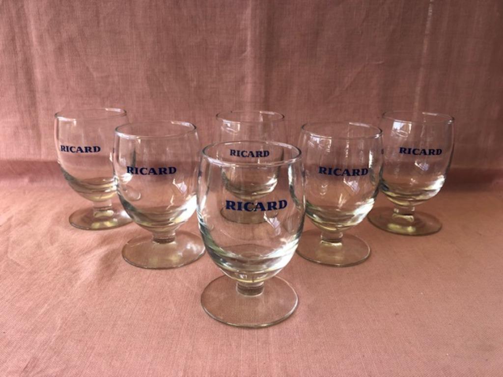 6 antieke Ricard glazen met blauwe tekst, Ophalen of Verzenden, Zo goed als nieuw, Gebruiksvoorwerp
