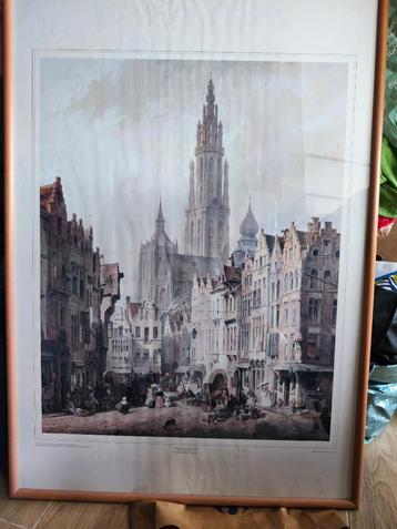 Grote ingekaderde fotoposter van Antwerpse Eiermarkt 1835 beschikbaar voor biedingen