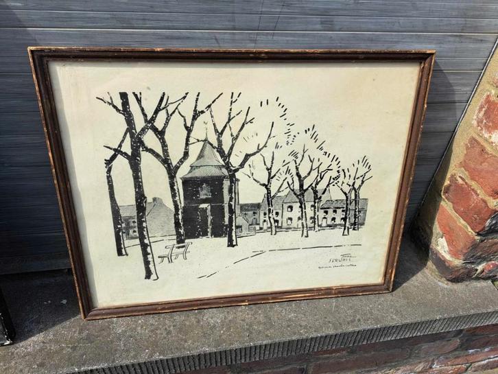 lithographie montignies sambre la place signe franz servais, Antiek en Kunst, Kunst | Litho's en Zeefdrukken, Ophalen of Verzenden