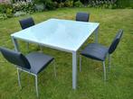 glazen tafel met metalen gecoate poten ( geen stoelen), Huis en Inrichting, Tafels | Eettafels, Ophalen, Gebruikt, Vierkant, Glas