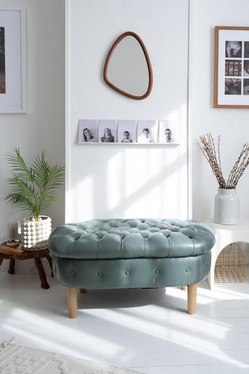 Chesterfield leren vintage poef voetenbank ottoman blauw, Huis en Inrichting, Ophalen, Gebruikt, Hout, 100 tot 125 cm