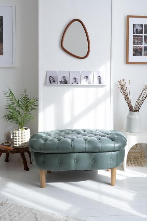 Chesterfield leren vintage poef voetenbank ottoman blauw, Huis en Inrichting, Zetels | Voetbanken en poefs, Gebruikt, 100 tot 125 cm