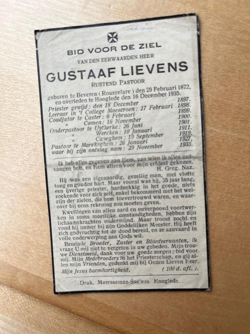 Pastoor G.Lievens  Beveren(Rousselaere)1872 + Hooglede 1935, Verzamelen, Bidprentjes en Rouwkaarten, Rouwkaart, Verzenden