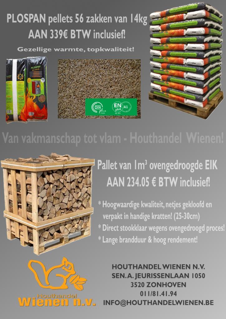 Pellets en brandhout! Houthandel Wienen Zonhoven!, Tuin en Terras, Brandhout, Blokken, Eikenhout, Minder dan 3 m³, Ophalen of Verzenden