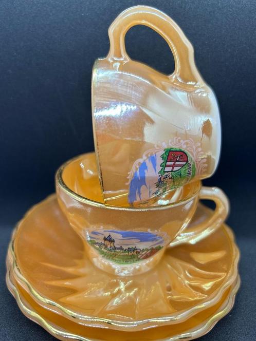 Anchor Hocking Peach Lustre Suburbia Demitasse Kop & Schotel, Antiek en Kunst, Antiek | Schalen, Verzenden
