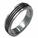 Stalen herenring met zwarte accenten - OP=OP!, Ophalen of Verzenden, Nieuw, IJzer of Staal, Heer