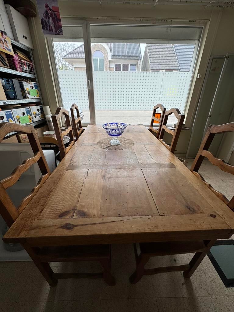 Mexicaans eiken eettafel met 6 stoelen, Ophalen, Gebruikt, 100 tot 150 cm, 200 cm of meer