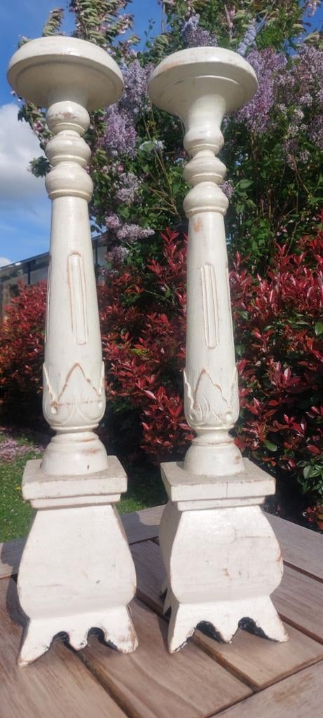 Set v 2 shabby chic of brocante houten kandelaars 45 cm hoog, Ophalen of Verzenden