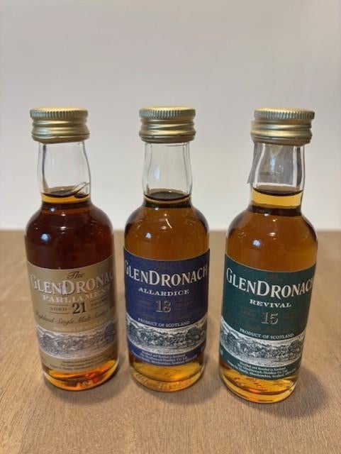 Glendronach 15 y - 18 y en 21 y whisky miniaturen, Ophalen of Verzenden, Nieuw, Vol