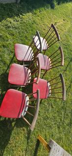 Set van 6 vintage houten stoelen met rode zitting, Maison & Meubles, Chaises, Rouge, Vintage, Enlèvement, Bois