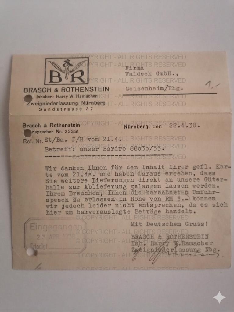 Transitdocument 1938: Brasch & Rothenstein Neurenberg, Ophalen of Verzenden, Overige soorten, Overige typen