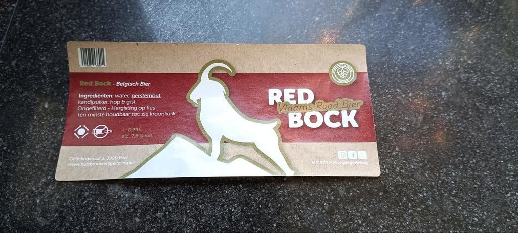 Bieretiket Red bock huisbrouwerij de geiting Peer, Verzamelen, Biermerken, Ophalen of Verzenden