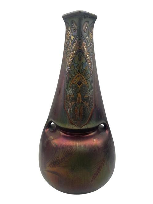 Art Nouveau vaas van iriserend aardewerk met polychroom deco, Antiek en Kunst, Antiek | Keramiek en Aardewerk, Ophalen of Verzenden