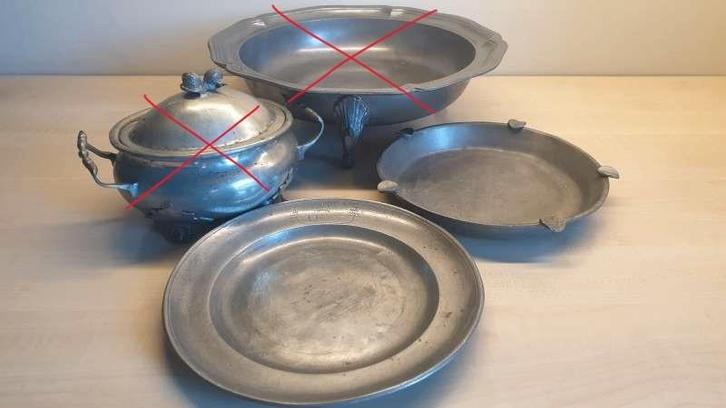 4 tinnen objecten : sierbord, asbak, pot + deksel, schaal, Antiek en Kunst, Antiek | Tin, Ophalen