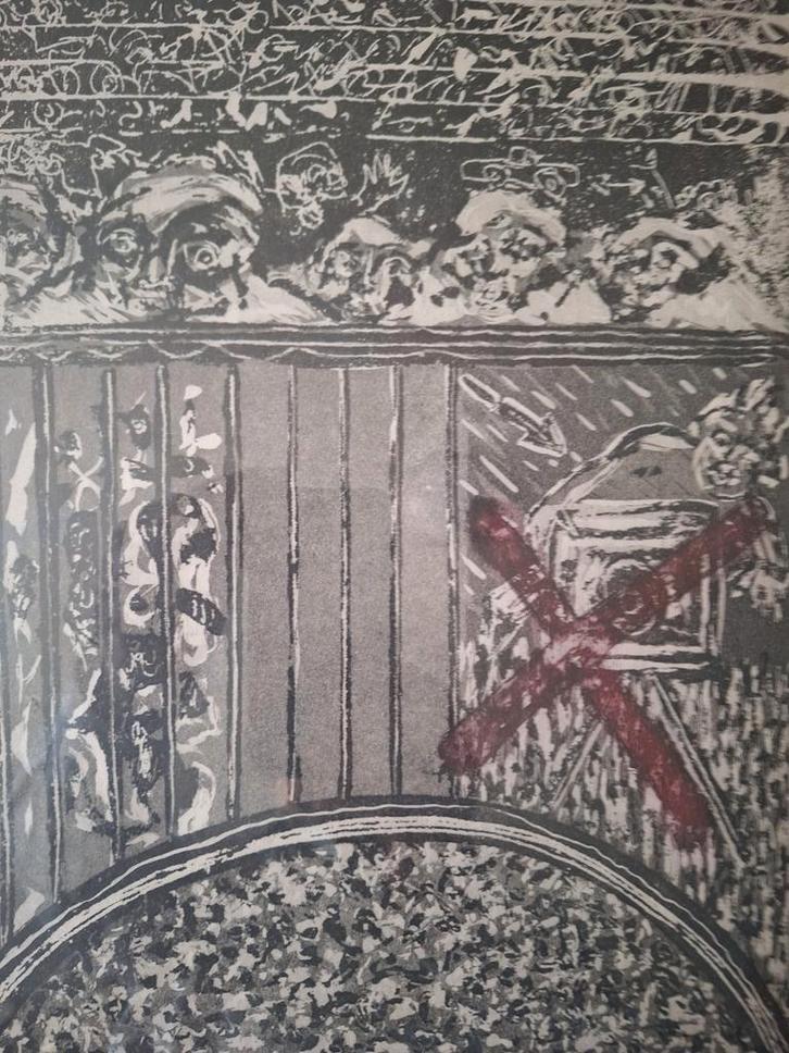 Ets Philippe Van Gheluwe Compositie met vreemde hoofden 1980, Antiek en Kunst, Kunst | Etsen en Gravures, Ophalen of Verzenden