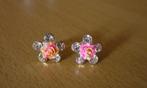 Zilverkleurige bloem oorbellen strass en roze-oranje roos, Handtassen en Accessoires, Oorbellen, Ophalen of Verzenden, Oranje