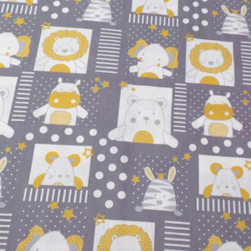 Promo! 596) 140x50 katoen nijlpaard leeuw zebra grijs, Hobby en Vrije tijd, Stoffen en Lappen, Nieuw, Katoen, 120 cm of meer, 30 tot 200 cm