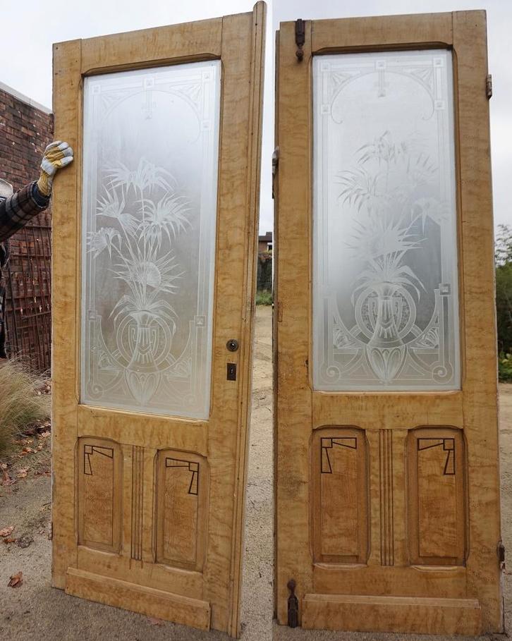 Set van 2 antieke dubbele geetste gestraalde deuren Art Deco, Antiek en Kunst, Antiek | Meubels | Kasten, Ophalen