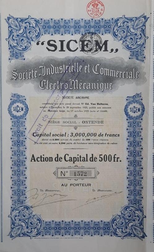 SICEM - Ostende - 1925 - action de capital de 500 francs, Postzegels en Munten, Aandelen en Waardepapieren, Aandeel, 1920 tot 1950