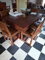 Massief eiken tafel met stoelen met leren bekleding, Huis en Inrichting, Ophalen, Gebruikt