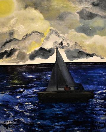 Tableau paysage mer voilier, signé par joky kamo, Antiquités & Art, Enlèvement