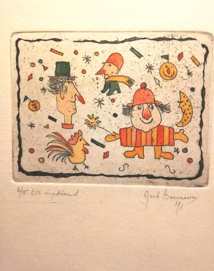 Handgekleurde ets van de kunstenaar Gerd Boeraeve(1991), Antiek en Kunst, Kunst | Etsen en Gravures, Ophalen of Verzenden