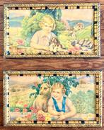 2 x vintage prent - jongen/meisje met hond, Verzamelen, Gebruikt, Ophalen of Verzenden, Prent, Kind