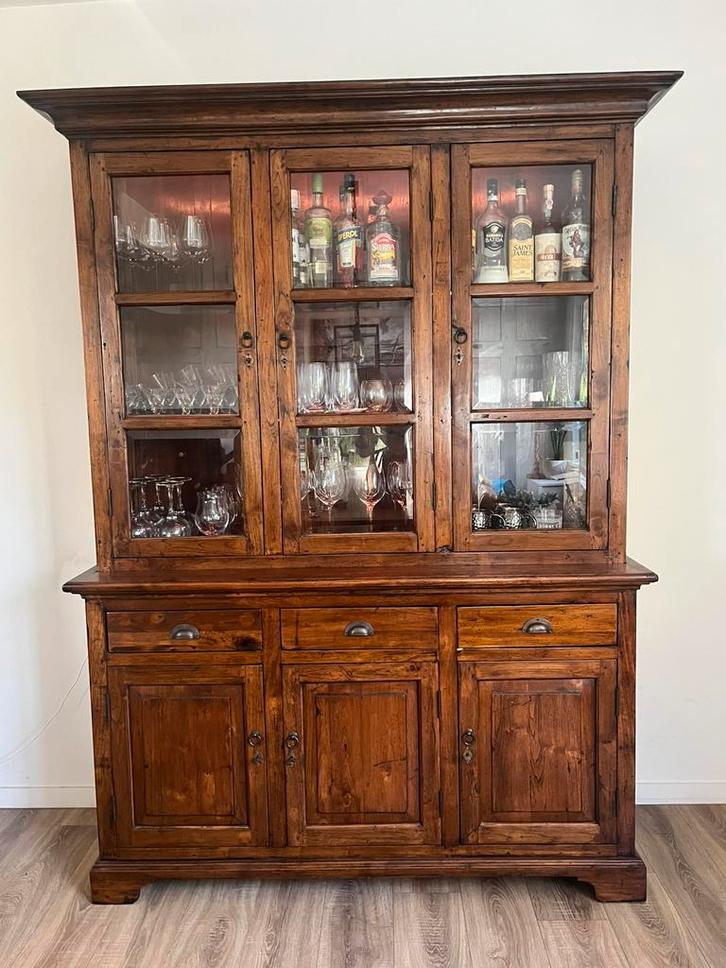 Bruine volhouten barkast / vitrinekast 220 x 160 x 55, Huis en Inrichting, Kasten | Buffetkasten, Gebruikt, 200 cm of meer, 150 tot 200 cm