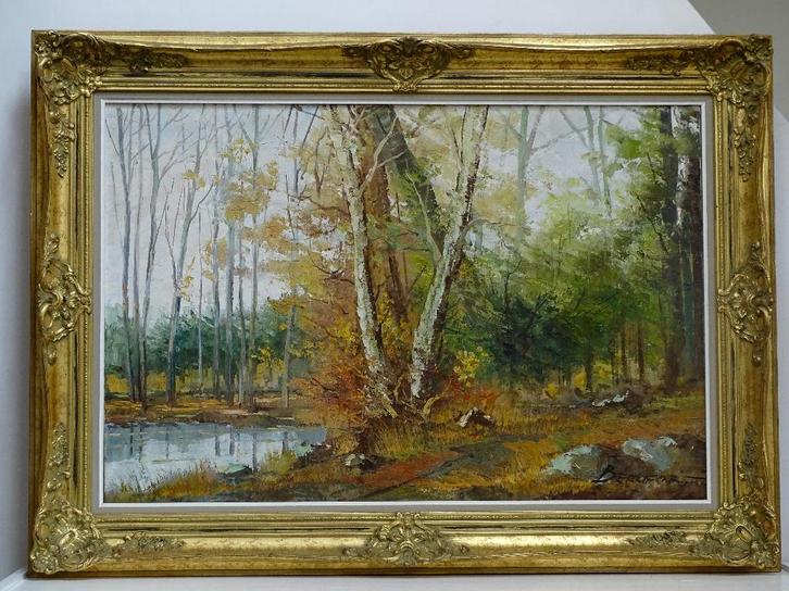 Schilderij herfsttafereel in het bos, Antiek en Kunst, Kunst | Schilderijen | Klassiek, Ophalen