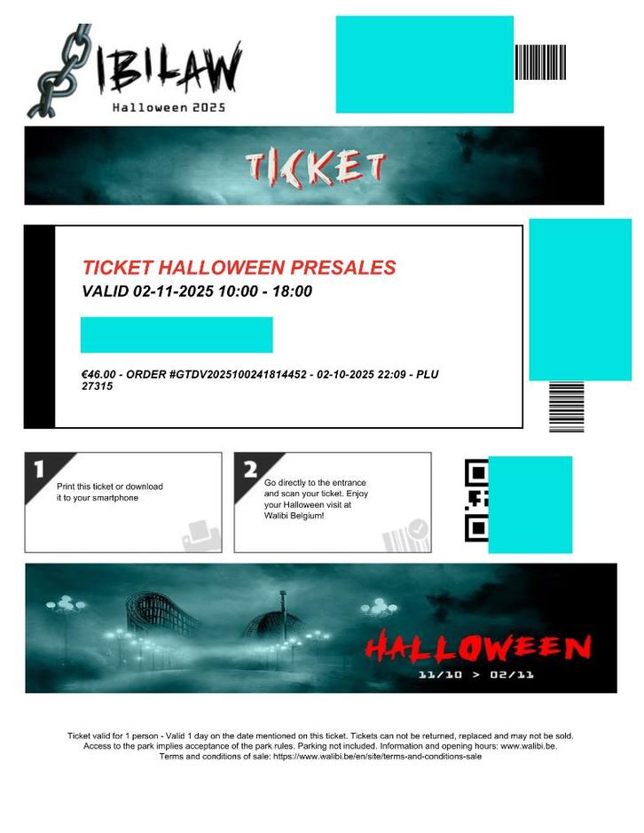 Tickets WALIBI Halloween 45€ pièce, Tickets en Kaartjes, Recreatie | Pretparken en Attractieparken, Drie personen of meer, Ticket of Toegangskaart