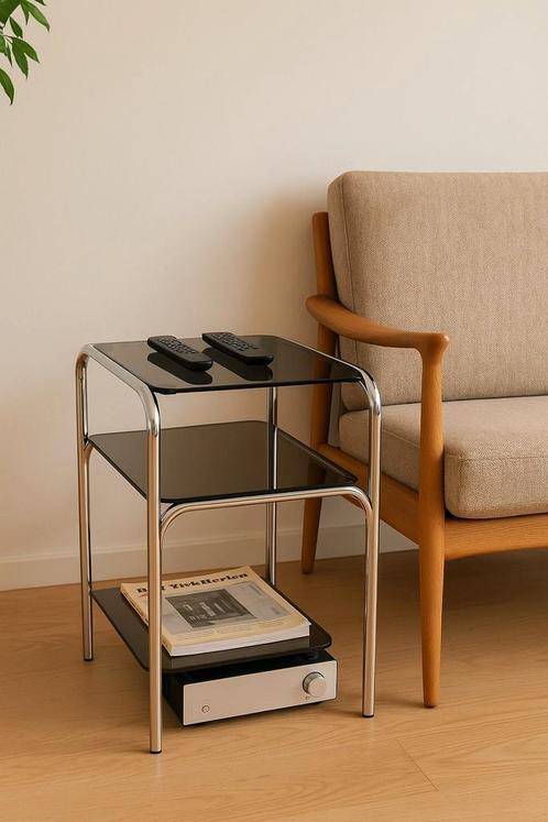 Vintage bijzettafel van chroom en gerookt glas, Huis en Inrichting, Kasten | Stellingkasten, Zo goed als nieuw, Ophalen