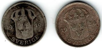 2x 25 Öre Zweden 1919 en 1936 zilver (.600) beschikbaar voor biedingen