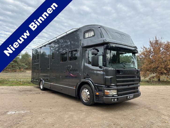 Scania 18T ROELOFSEN 6-paards paardenvrachtwagen LIVING, Auto's, Vrachtwagens, Achteruitrijcamera, Lederen bekleding, Lichtmetalen velgen