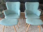 Turquoise zitstoelen + voetbankjes, Huis en Inrichting, Stoelen, Ophalen, Gebruikt, Twee, Blauw