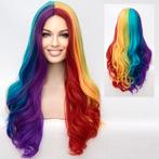 Luxe Carnaval Regenboog pruik lang haar met slagen, Envoi, Neuf