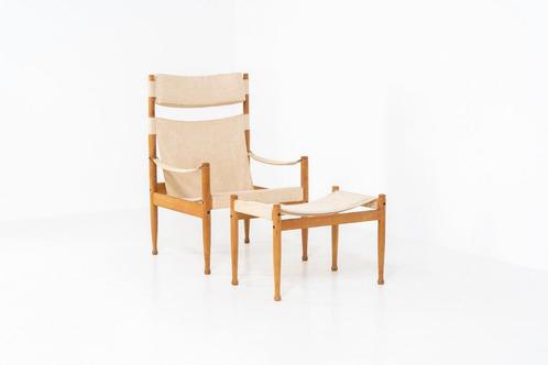 Eiken vintage safaristoel en -poef van Niels Eilersen, Huis en Inrichting, Stoelen, Zo goed als nieuw, Ophalen