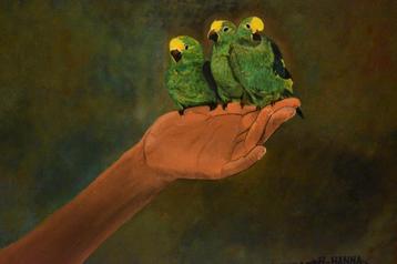 Parrot Bird Painting, door Joky Kamo 2002 Olieverfschilderij beschikbaar voor biedingen