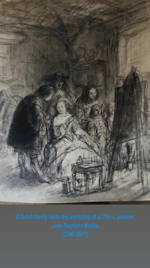 Atelierbezoek in 17de eeuw, J.B. Madou, zwart krijt, 1830, Antiek en Kunst, Kunst | Tekeningen en Fotografie, Ophalen of Verzenden