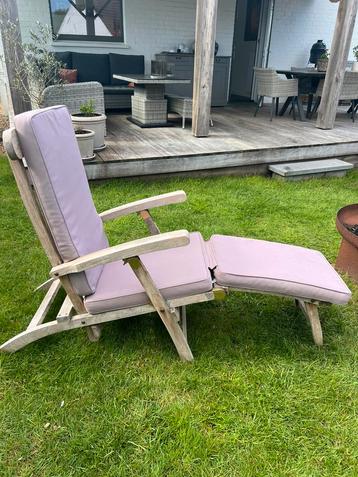 Teak ligstoel + kussen, Tuin en Terras, Ligbedden, Ophalen, Gebruikt, Hout