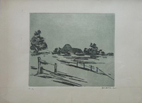 LEON SMETS / LANDSCHAP / KLEURETS / 32x42cm / KADER / SIG, Antiek en Kunst, Kunst | Etsen en Gravures, Ophalen of Verzenden