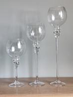 3 glazen theelichthouders op voet, Huis en Inrichting, Kandelaar, Zo goed als nieuw, Ophalen, 25 tot 50 cm