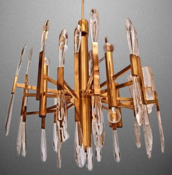 Lustre suspension Vintage Gaetano Sciolari Laiton & Cristal, Antiquités & Art, Antiquités | Éclairage, Enlèvement