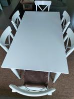 Tafel + 6 stoelen 87cm x 155cm en verlengd tot 215cm, Huis en Inrichting, Complete eetkamers, Ophalen, Gebruikt