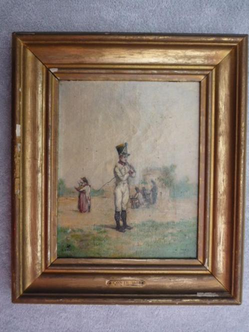 Napoleontische soldaat speelt vuur gesigneerd Conte 1882, Antiek en Kunst, Kunst | Schilderijen | Klassiek, Ophalen of Verzenden