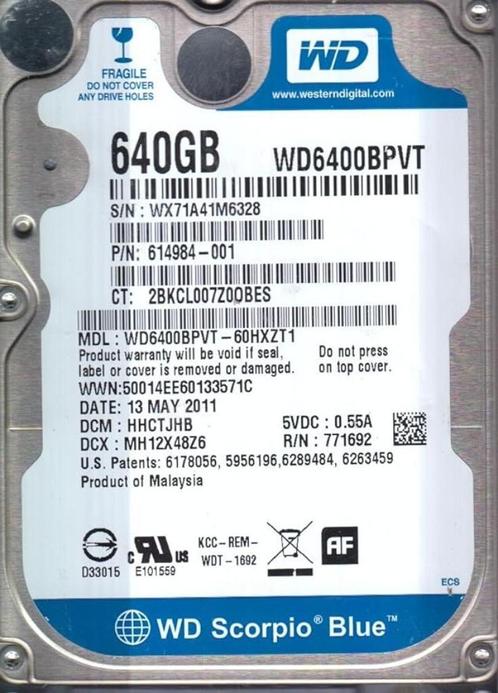 Scorpio Blue WD SATA 3 Gb/s 640GB, Computers en Software, Harde schijven, Gebruikt, Laptop, Intern, HDD, SATA, Ophalen of Verzenden
