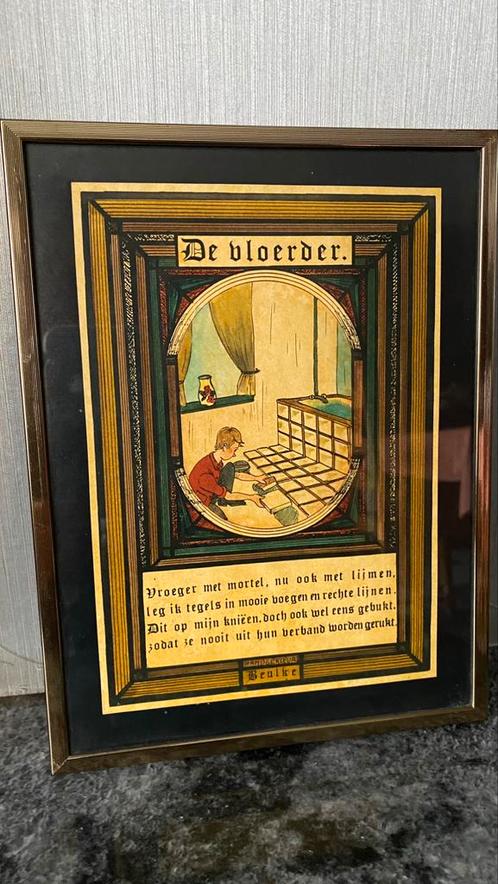Twee prenten met tekst “De Vloerder” en “De Stukadoor”, Antiek en Kunst, Antiek | Wandborden en Tegels, Ophalen