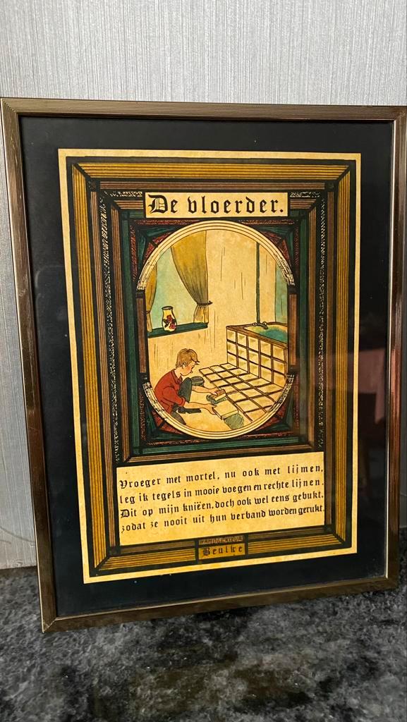 Twee prenten met tekst “De Vloerder” en “De Stukadoor”, Antiek en Kunst, Antiek | Wandborden en Tegels, Ophalen