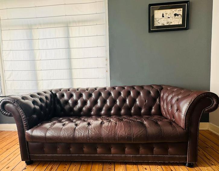 Chesterfield chocolade echt leer (1 bank + 2 banken), Huis en Inrichting, Zetels | Zetels en Chaises Longues, Gebruikt, 200 tot 250 cm